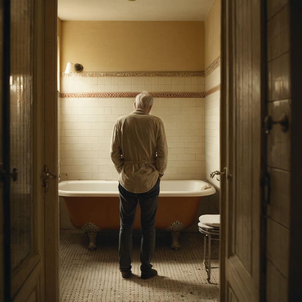 someone looking around an old, dated bathroom